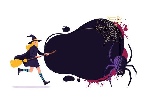 Playful witch chases a giant dark blob creature across a white background in a spooky Halloween fantasy scene featuring a spider and spider webs. vector