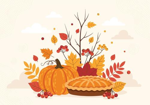 Autumn harvest scene with pumpkins berry clusters and a baked pie surrounded by colorful leaves branches and warm tones in a cozy fall setting. vector