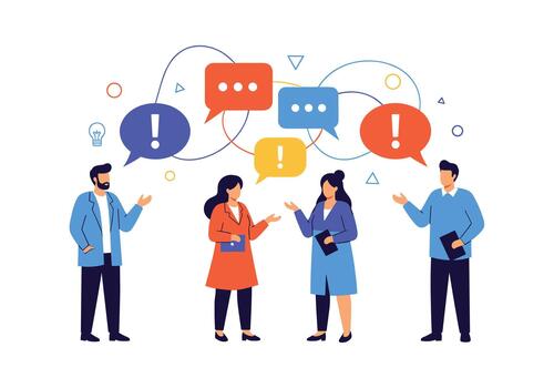 Diverse group of professionals engages in a collaborative discussion with speech bubbles and exclamation marks while sharing ideas and feedback. vector