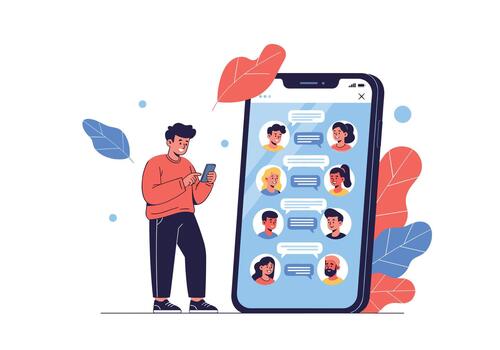 Person stands beside a large smartphone displaying a lively chat conversation with friends as colorful leaves frame the scene. vector