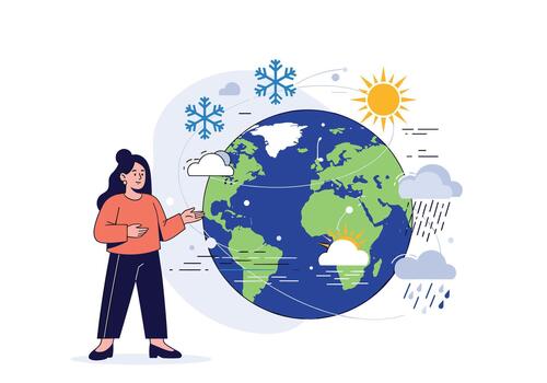 Person stands beside a globe displaying weather and climate patterns with sun rain snow and clouds symbolizing global environmental awareness and education. vector