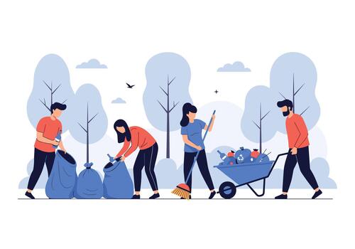 Volunteers in a sunny park unite for a community cleanup collecting bags of litter and sweeping paths to protect nature and keep public spaces pristine. vector
