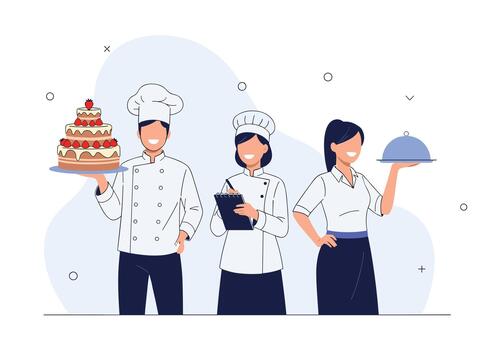Three culinary professionals pose in a modern kitchen with tiered cake a chef holds the cake while another checks a recipe book and a server presents a cloche. vector
