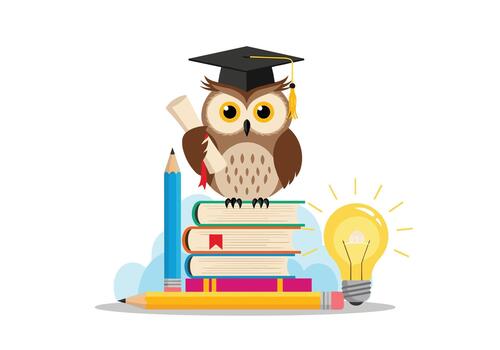 Curious owl wearing a graduation cap sits atop a stack of books with a pencil and a scroll beside a bright lit bulb representing learning and ideas. vector