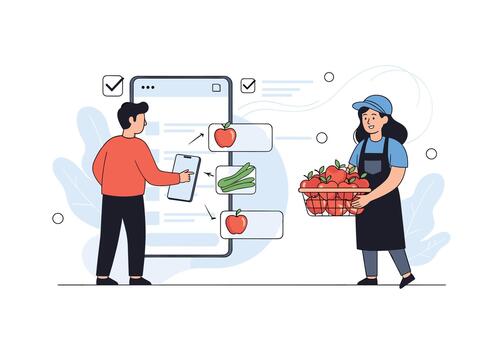 persona usos un móvil tienda de comestibles aplicación a Seleccione manzanas y vegetales mientras un entrega ayudante lleva un cesta de Fresco Produce para clientes. vector