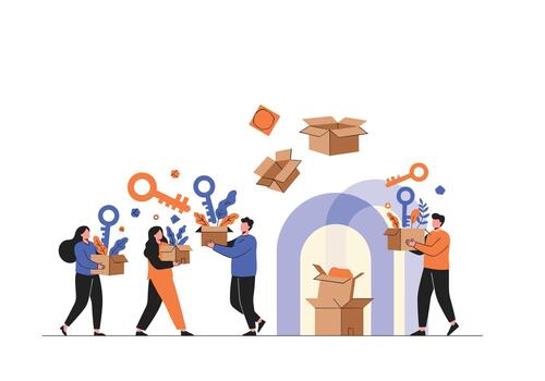 Delivery workers share boxes and tools as they move parcels toward a central archway in a dynamic collaborative packing scene. vector