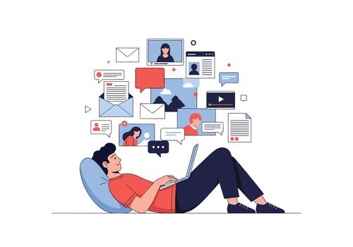 Person relaxing on a blue bean bag using a laptop while a stream of messages chats emails and thumbnails fills a vibrant digital workspace around them. vector