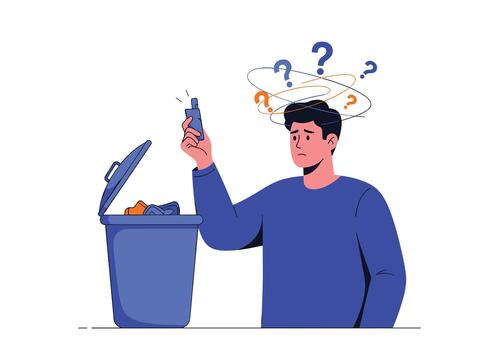 Person stands beside an open trash can holding a small item and looks confused as question marks swirl above their head about the proper disposal of waste. vector