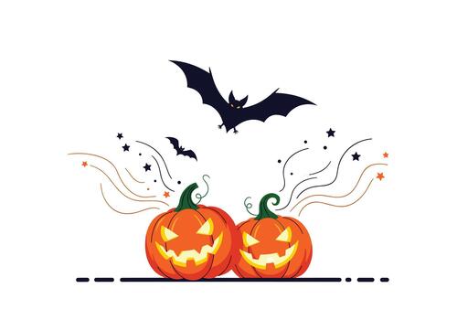 Two carved jack o lanterns glow with mischievous smiles as a bat flies overhead and decorative swirls of stars and flowing lines create festive Halloween scene. vector