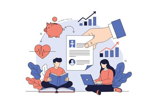 Students collaborate to learn financial literacy with charts graphs and a guiding hand reviewing a resume and study materials. vector