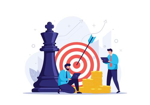 estratégico negocio planificación a golpear objetivos con un ajedrez Rey con vista a analítica y apilado monedas mientras compañeros de equipo trabajo en laptops a conducir crecimiento. vector