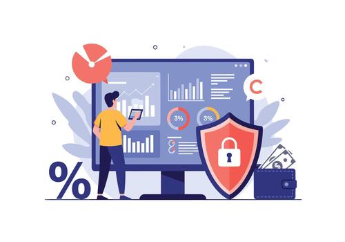 Person analyzes data dashboards on a computer screen while a shield icon represents cyber security and financial protection. vector