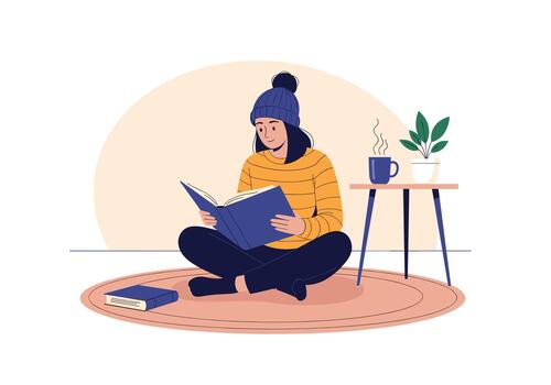 Cozy scene of a person reading a book while sitting cross legged on a round rug beside a small table with a steaming mug and plant in a warm calm living room. vector
