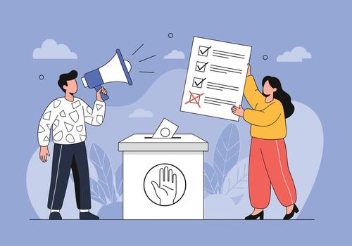 Voting scene illustrated with a man holding a megaphone and a woman presenting a checklist beside a ballot box with a calm background of clouds and plants. vector