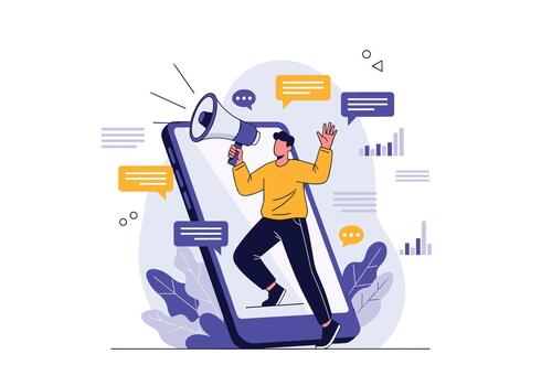 persona usos un megáfono desde un gigante teléfono inteligente a transmitir mensajes y contratar con un en línea audiencia mediante vistoso charla burbujas y gráficos vector