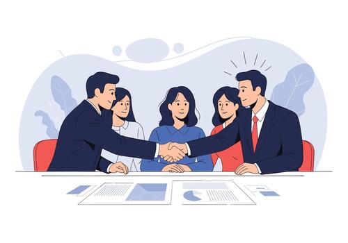 Team of professionals seals a successful agreement with a firm handshake as colleagues gather around a table to review documents and outline next steps. vector