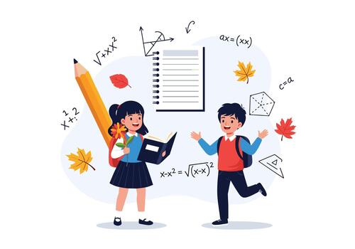 niños explorar matemáticas y leyendo juntos en un brillante salón de clases escena con un niña participación un cuaderno y un chico aplausos mientras hojas otoño alrededor a ellos. vector