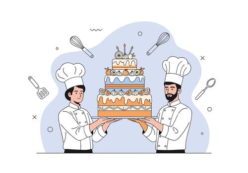 Two professional chefs proudly present a grand multi layer cake with lit candles and elaborate icing in a bright bakery studio with decorative utensils. vector