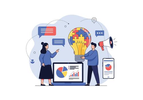 dos colegas colaborar a giro perspectivas dentro brillante ideas utilizando datos visuales y un compartido objetivo de innovación y trabajo en equipo. vector
