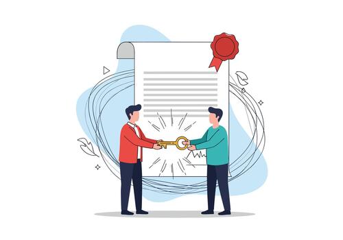 Two professionals exchange a golden key in front of a large formal document with a red ribbon symbolizing a contract signing and a secure partnership. vector