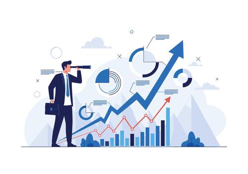 negocio profesional análisis creciente mercado tendencias utilizando cartas diagramas y un negrita hacia arriba flecha a ilustrar en marcha crecimiento a través de gráficos y métrica. vector