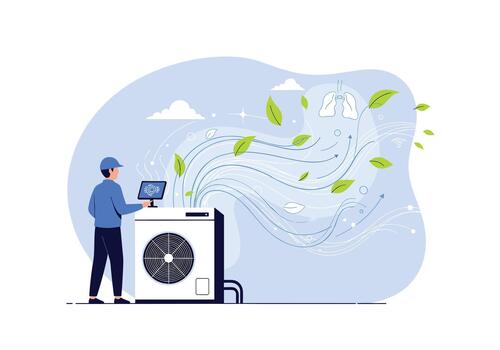 Technician monitors an outdoor air conditioning unit as wind swirls and leaves flow around to show efficient cooling and optimized airflow management. vector