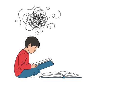 Young boy sits cross legged reading a big book while tangled thoughts swirl above his head in a messy scribble representing concentration and imagination. vector