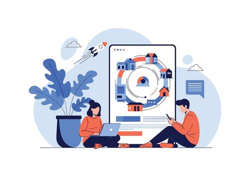 Two people collaborate on design and visualization beside a screen with a circular infographic showing houses rockets and charts in a modern workspace. vector