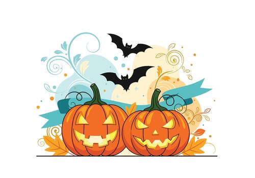 dos brillante Jack o linternas sentar entre otoño hojas como murciélagos aleteo encima y decorativo remolinos crear un festivo Víspera de Todos los Santos escena. vector