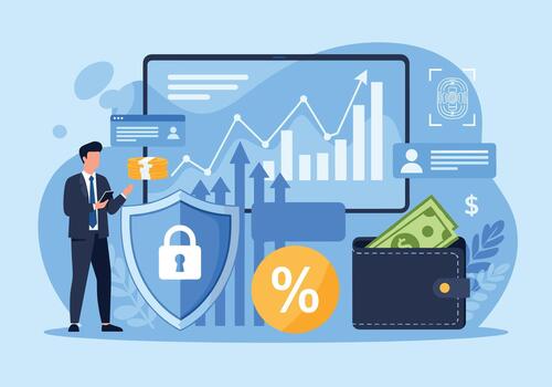 Business professional analyzes digital finance and cybersecurity visuals including charts a shield and wallet symbolizing data protection and secure growth. vector