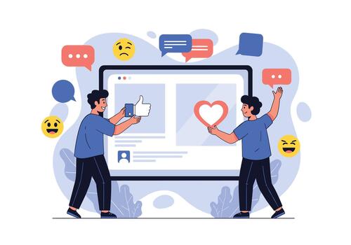 Two people interact with a large computer screen displaying social media content with like icons heart reactions and chat bubbles in a bright illustration. vector