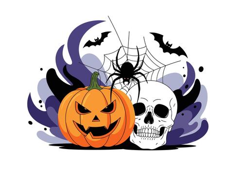 Pumpkin carved with a menacing grin sits beside a white skull under a web and bats with purple swirls creating a spooky Halloween scene. vector