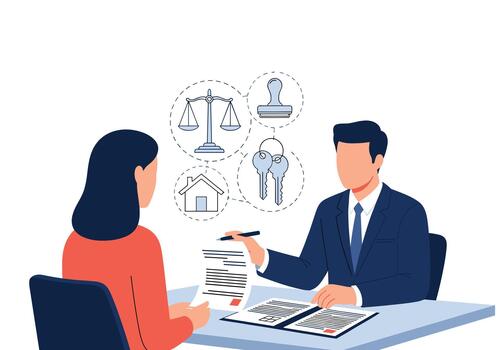 Consultation between a lawyer and a client at a desk discusses legal documents and options for property and contract agreements in a professional office setting. vector