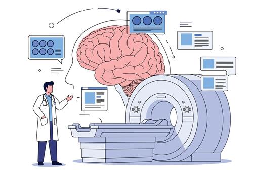 Brain imaging session using an MRI scanner with a doctor explaining results and highlighting brain anatomy and diagnostic possibilities to a patient. vector