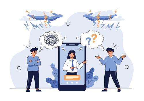 Three people discuss a remote consultation on a smartphone as stormy weather and question marks symbolize confusion and the search for answers. vector