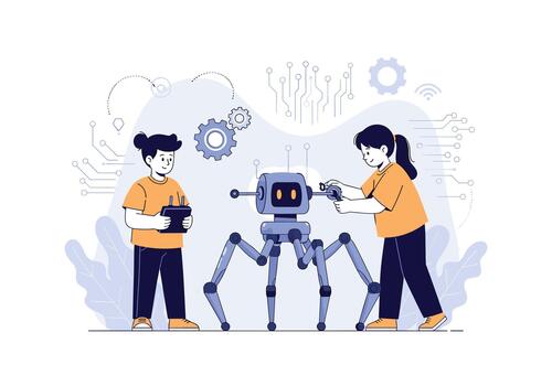 dos niños interactuar con un simpático robot en un brillante tecnología aprendizaje escena como ellos programa y explorar engranajes y circuitos juntos. vector