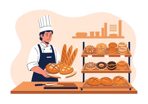 panadero en un blanco uniforme pilas Fresco un pan y pasteles junto a un calentar mostrador mientras un estante desborda con bollos croissants y rosquillas en un brillante panadería escena. vector