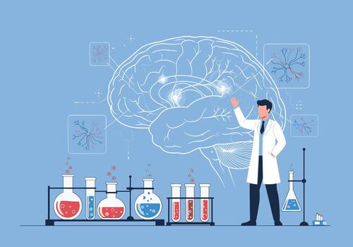 Scientist demonstrates a complex brain diagram with glassware and test tubes in a laboratory to illustrate neuroscience research and advanced experimentation. vector