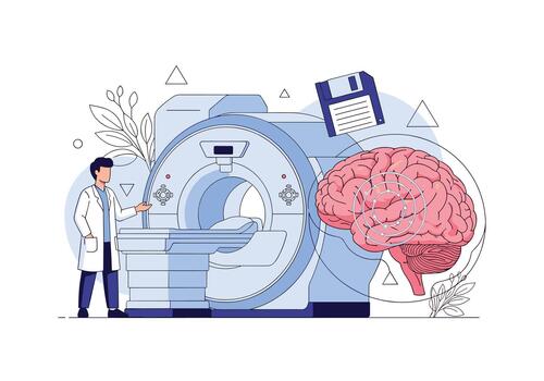 médico equipo guías un paciente mediante un cerebro magnético resonancia imagen sesión utilizando un grande escáner a capturar detallado estructural y funcional imágenes vector