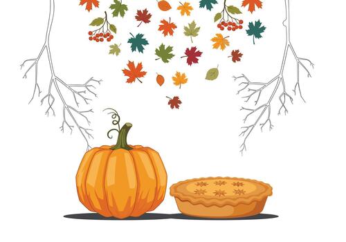Autumn scene features a pumpkin and a pie beneath colorful falling leaves and bare branches on a clean white background with a warm harvest glow. vector