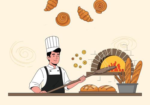 Bakery chef in a sunlit kitchen uses a long handled peel to slide loaves into a glowing oven while croissants baguettes and rolls rest on the counter. vector