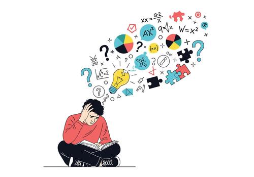 Student sits on the floor overwhelmed by math puzzles and symbols as questions swirl above their head in a stream of ideas and curiosity for solving problems. vector