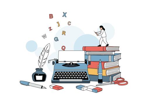 Creative workspace featuring a vintage typewriter stacked with books and writing tools inspiring learning and creative writing. vector