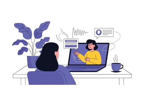 Remote chat shows a person at a neat desk engaging with an instructor on a laptop screen while a plant and a steaming cup create a calm home office scene. vector
