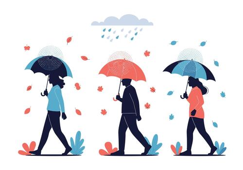 Tres peatones paseo a lo largo en un llovizna que lleva vistoso paraguas mientras otoño hojas remolino alrededor debajo un nublado cielo. vector