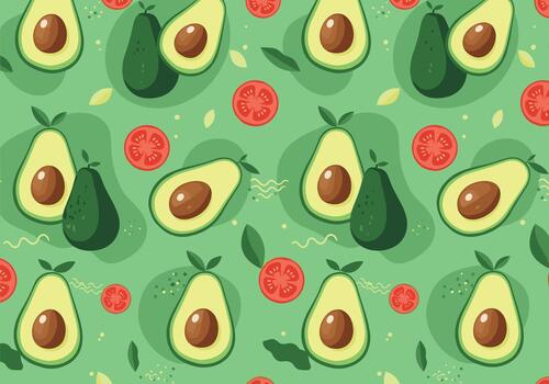 Bright repeating pattern featuring sliced and whole avocados along with red tomatoes and leafy accents on a fresh green background. vector