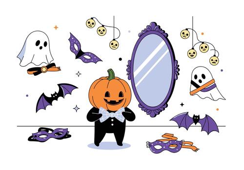 Halloween party scene with a pumpkin prince in a tuxedo posing beside a tall purple ornate mirror while ghosts masks and bats float around in playful twilight. vector