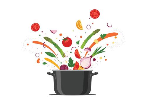 vibrante ilustración de un Cocinando maceta desbordante con vistoso vegetales y hierbas muy lleno dentro el aire creando un animado escena de sabor y aroma. vector