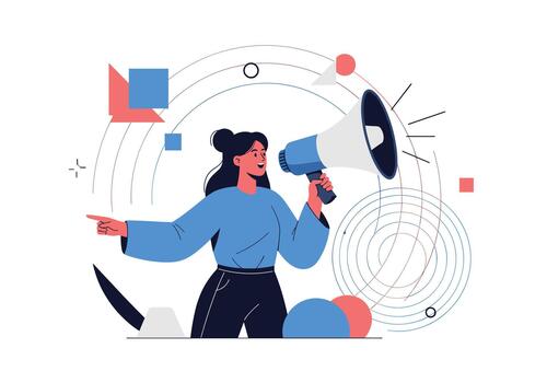 Confident speaker with a megaphone points forward as she leads a creative campaign amid bold geometric shapes and concentric circles in a modern illustration. vector