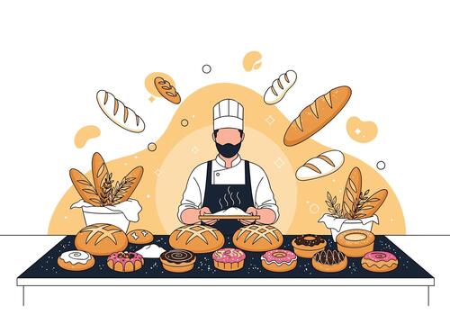 Pastelería cocinero demuestra arte a un bullicioso panadería mostrador como un pan panes y clasificado rosquillas son preparado y arreglado para monitor para clientes. vector